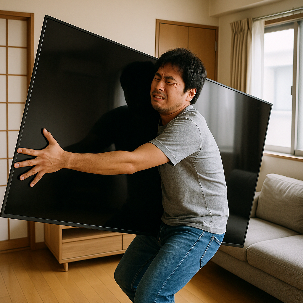 大型テレビを一人で運ぼうとして苦労している様子