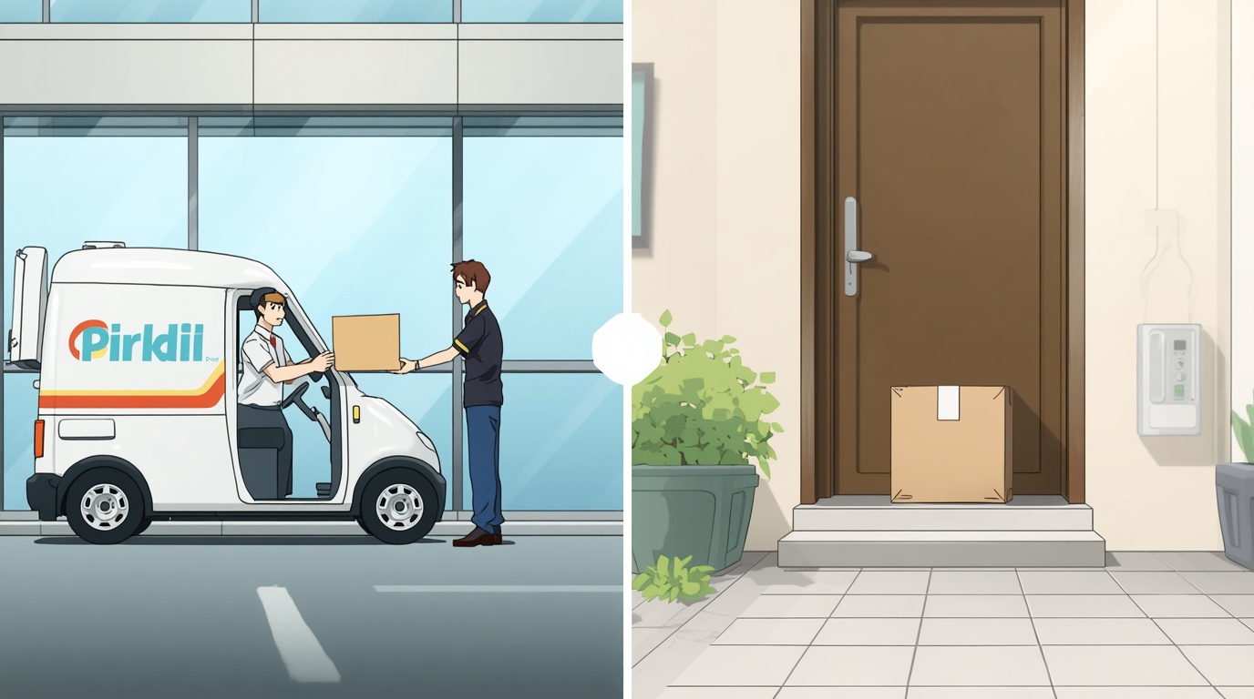 直接手渡しで荷物を届ける配送ドライバーのイラスト