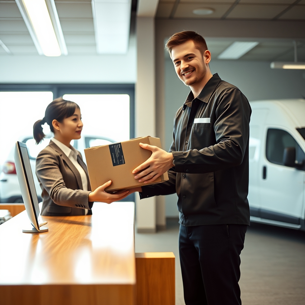 オフィスで荷物を直接受け渡しする配送ドライバーと担当者